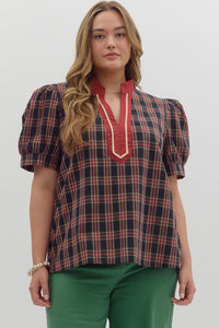 Entro Plaid Cuff Band Short Sleeve Top In Navy PLUS Sizes