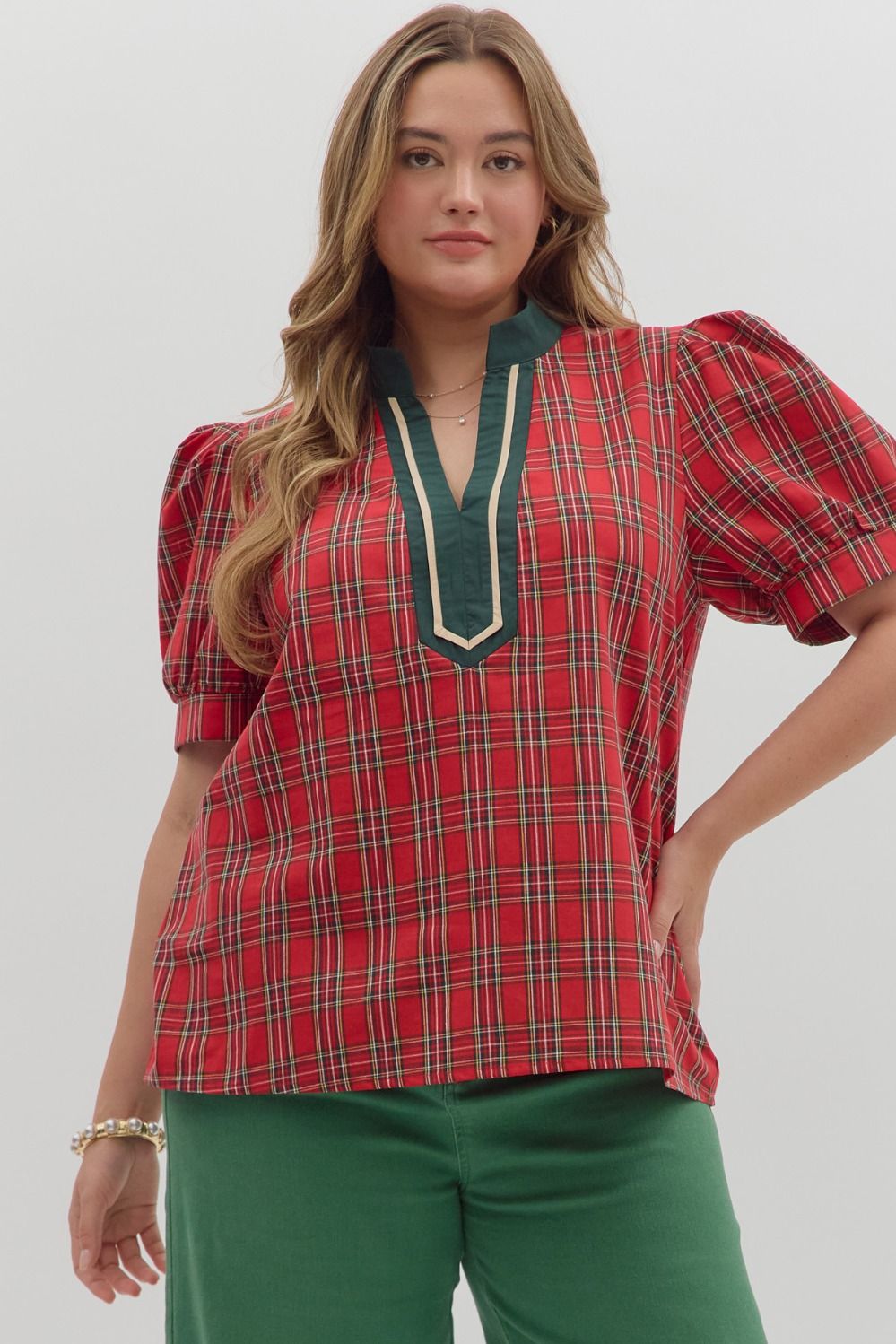 Entro Plaid Cuff Band Short Sleeve Top In Taupe PLUS Sizes *COMING SOON*