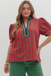 Entro Plaid Cuff Band Short Sleeve Top In Taupe PLUS Sizes *COMING SOON*