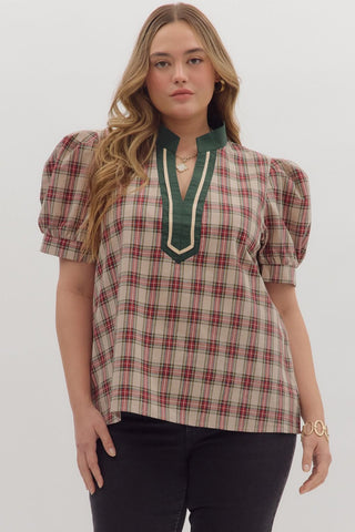 Entro Plaid Cuff Band Short Sleeve Top In Taupe PLUS Sizes
