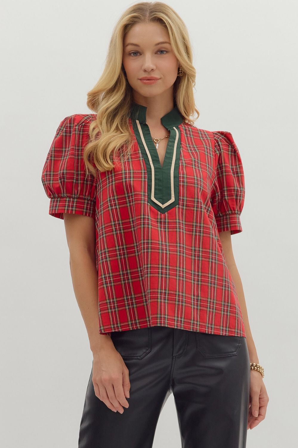 Entro Plaid Cuff Band Short Sleeve Top In Red