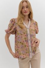 ENTRO Floral Puff Sleeve Button Down Top In Camel