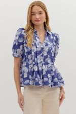 Entro Floral Puff Sleeve Pintuck Top In Indigo