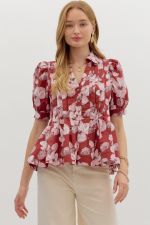 Entro Floral Puff Sleeve Pintuck Top In Merlot