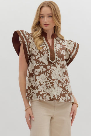 ENTRO Brown Floral Flutter Sleeve Top With Lace Trim