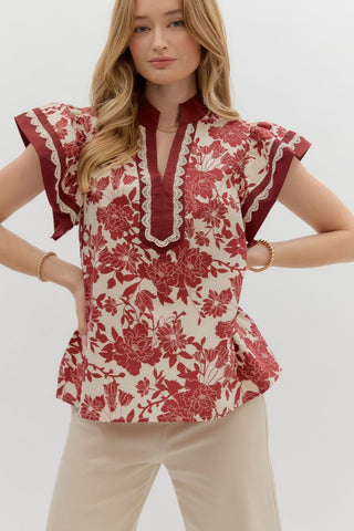 ENTRO Burgundy Floral Flutter Sleeve Top With Lace Trim
