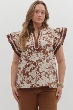 Entro Flutter Sleeve Top With Lace Trim Top PLUS Sizes In Brown