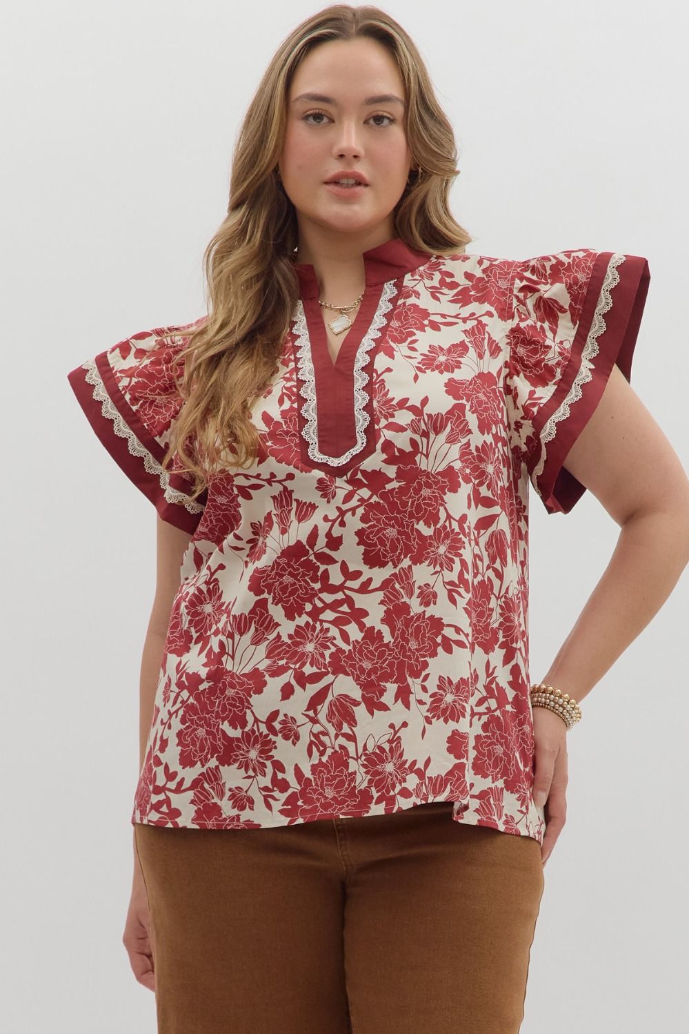 ENTRO Burgundy Floral Top With Lace Detail PLUS Sizes