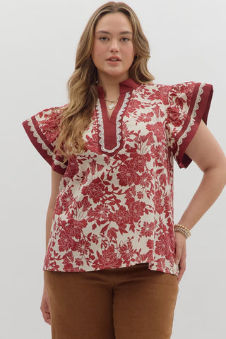 ENTRO Burgundy Floral Top With Lace Detail PLUS Sizes
