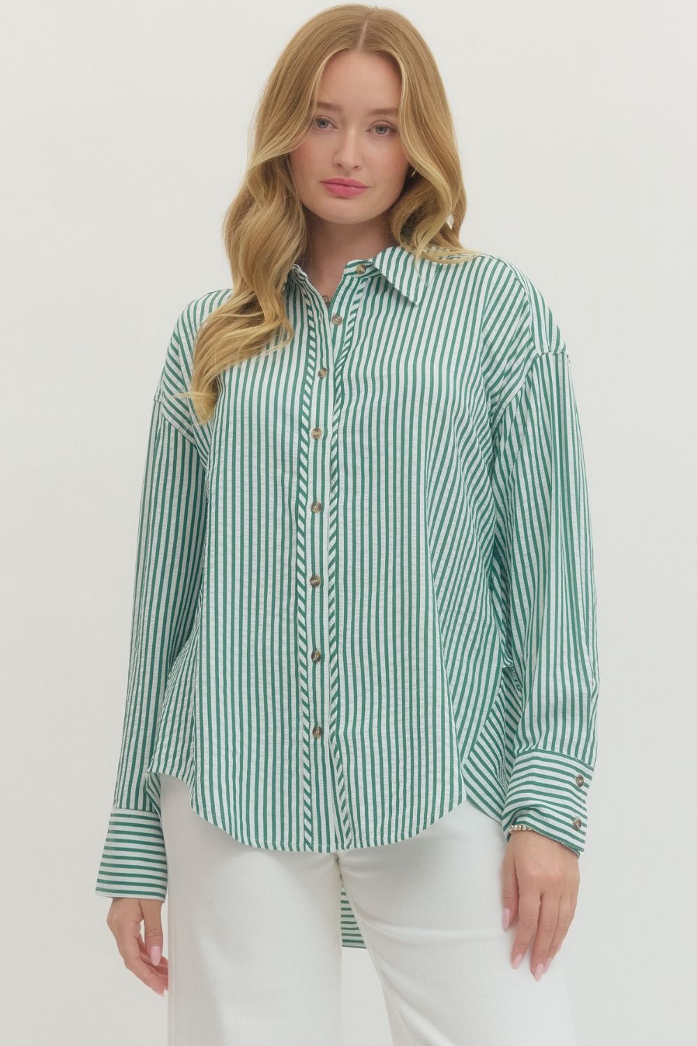 ENTRO Striped Long Sleeve Button Down Top In Green