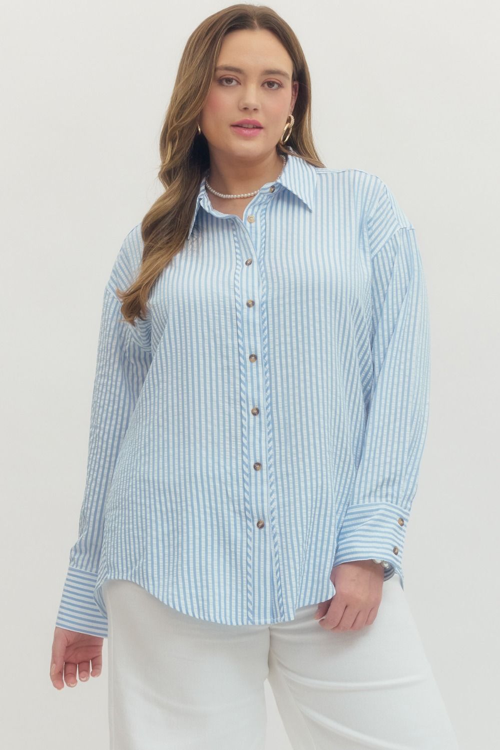 Entro Striped Long Sleeve Button Down Top In Light Blue PLUS Size