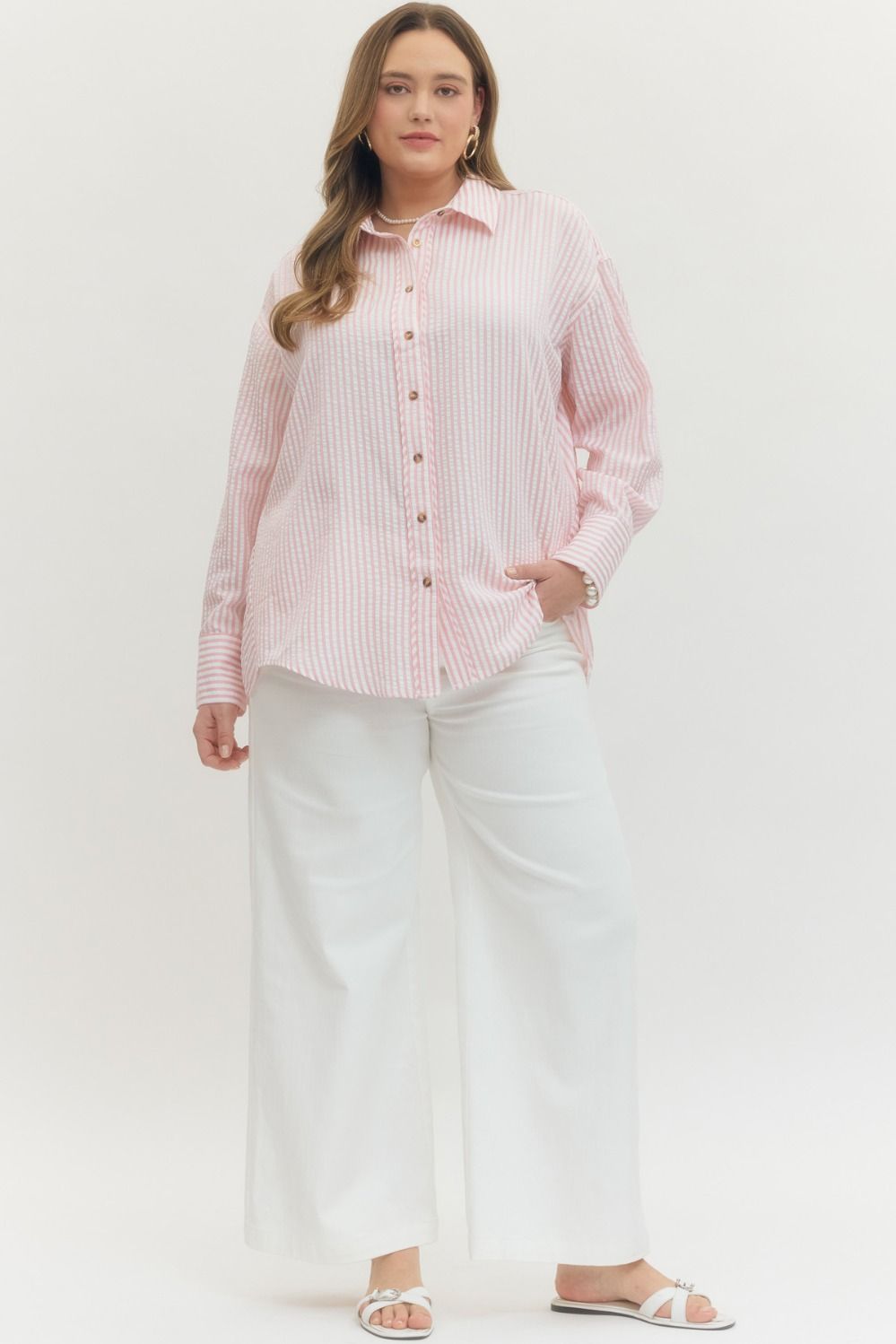 Entro Striped Long Sleeve Button Down Top In Green PLUS Size