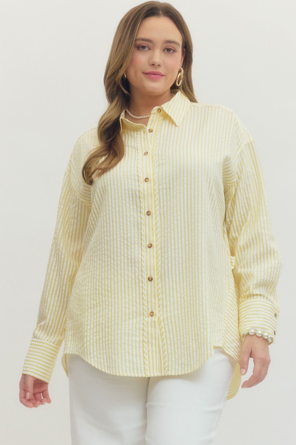 Entro Striped Long Sleeve Button Down Top In Yellow PLUS Size