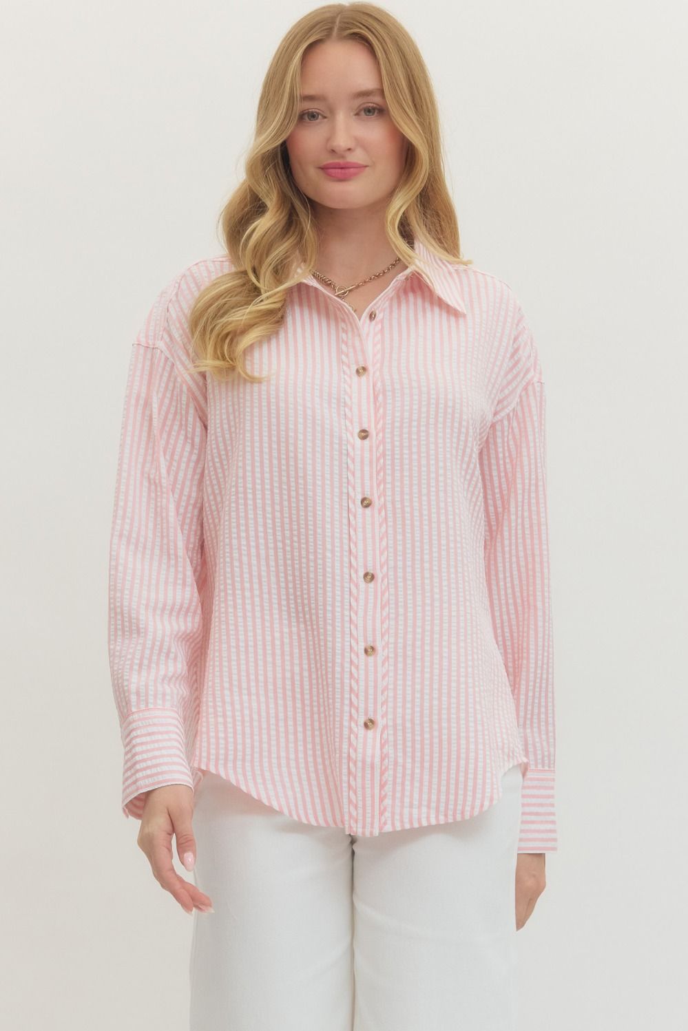 ENTRO Striped Long Sleeve Button Down Top Light Pink