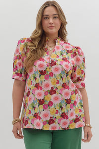 ENTRO Floral Print Cuff Band Top In Wine PLUS Sizes *COMING SOON*