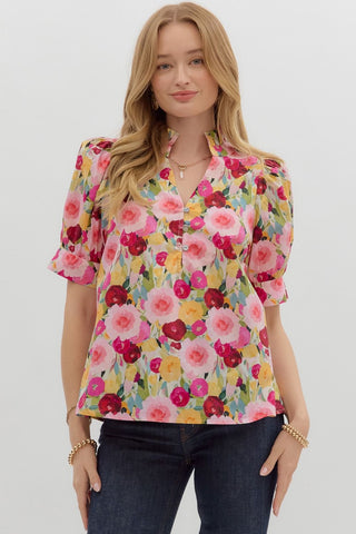 ENTRO Floral Cuff Band Top In Wine *COMING SOON*