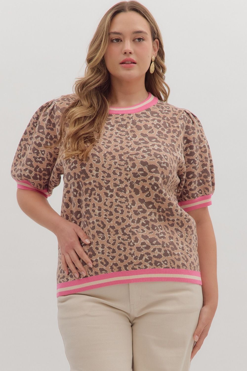 ENTRO Leopard Top With Accent Band In Camel PLUS Sizes