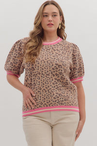 ENTRO Leopard Top With Accent Band In Camel PLUS Sizes