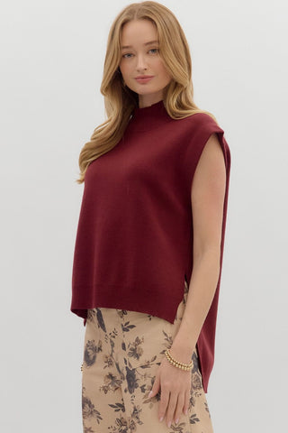 ENTRO Solid High Low Mock Neck Top In Burgundy