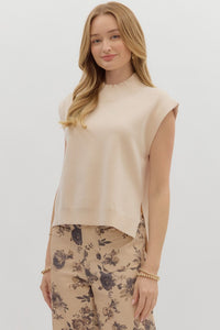 ENTRO Solid High Low Mock Neck Top In Oatmeal