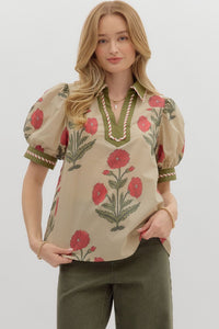Entro Floral Cuff Band Top In Ecru *COMING SOON*