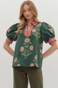 Entro Floral Cuff Band Top In Hunter Green *COMING SOON*
