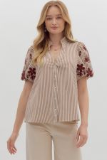 Entro V Neck Embroidered Sleeve Top In Burgundy