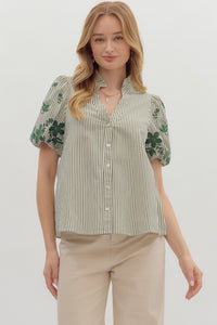 Entro Stripe V Neck Top With Embroidered Sleeves In Hunter Green
