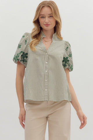Entro Stripe V Neck Top With Embroidered Sleeves In Hunter Green