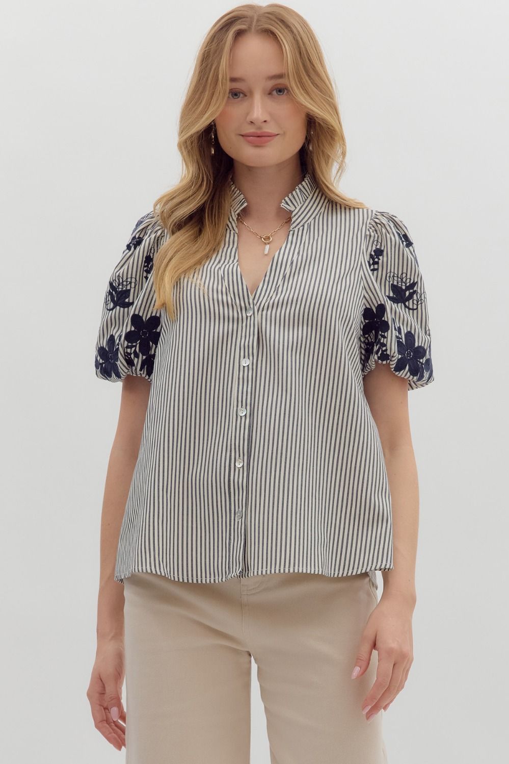 ENTRO Stripe V Neck Top With Embroidered Sleeves In Navy