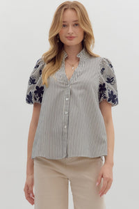 ENTRO Stripe V Neck Top With Embroidered Sleeves In Navy