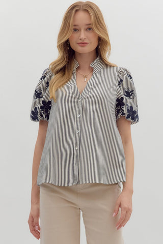 ENTRO Stripe V Neck Top With Embroidered Sleeves In Navy
