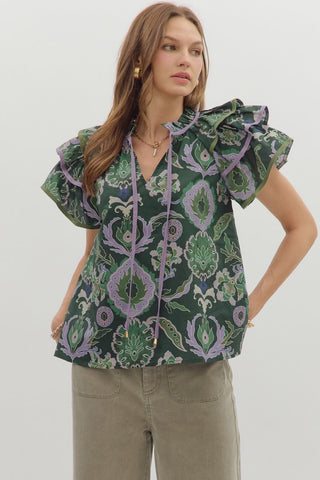Entro Floral Ruffle Sleeve Top In Green *COMING SOON*