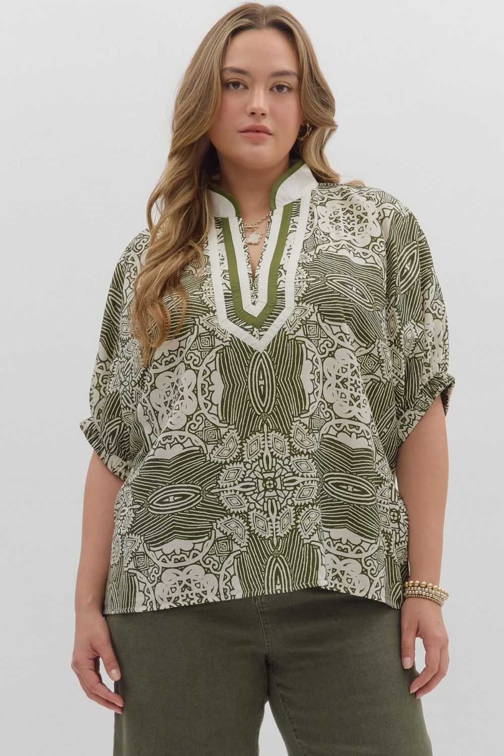 Entro Multi Pattern Dolman Top In Olive PLUS Sizes
