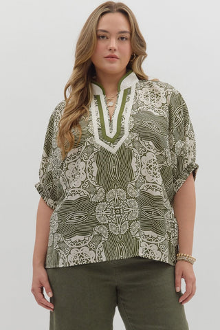 Entro Multi Pattern Dolman Top In Olive PLUS Sizes