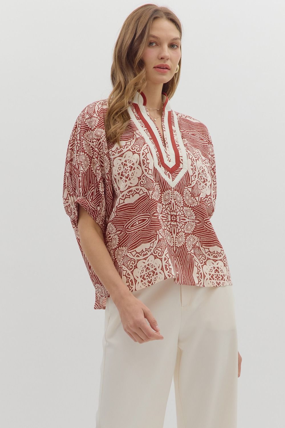 ENTRO Multi Pattern Dolmain Caftan Top In Rust