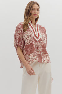 ENTRO Multi Pattern Dolmain Caftan Top In Rust