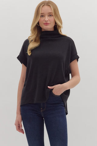 ENTRO Solid Mock Neck Top With Rolled Cuff In Black *COMING SOON*
