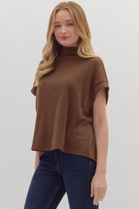 ENTRO Solid Mock Neck Top With Rolled Cuff In Brown *COMING SOON*
