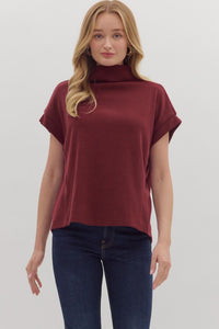 ENTRO Solid Mock Neck Top With Rolled Cuff In Garnet *COMING SOON*
