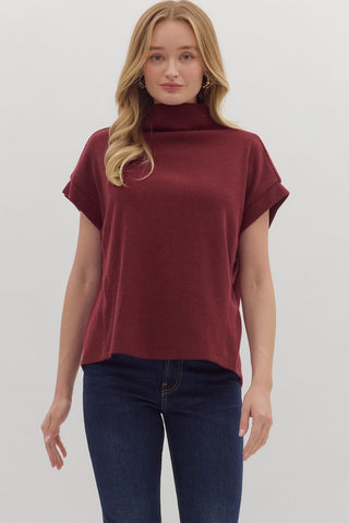 ENTRO Solid Mock Neck Top With Rolled Cuff In Garnet *COMING SOON*