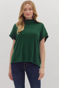 ENTRO Solid Mock Neck Top With Rolled Cuff In Hunter Green *COMING SOON*