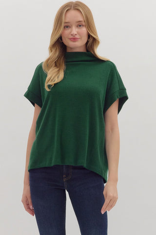 ENTRO Solid Mock Neck Top With Rolled Cuff In Hunter Green *COMING SOON*