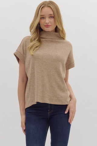 ENTRO Solid Mock Neck Top With Rolled Cuff In Taupe *COMING SOON*