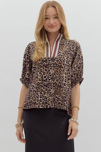 Entro Leopard Print High Neck Trim Top In Wine Mocha