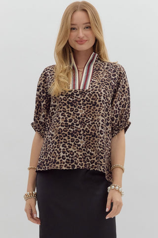Entro Leopard Print High Neck Trim Top In Wine Mocha