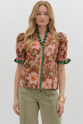 ENTRO Brown Floral Puff Sleeve Top