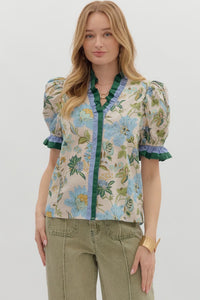 Entro Floral Ruffle Sleeve With Ruffle Trim Detail In Ecru