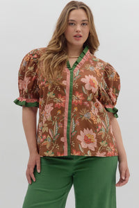 ENTRO Floral Puff Sleeve Accent Band Top in Brown PLUS Sizes
