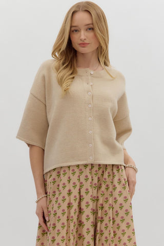 ENTRO 3/4 Sleeve Knit Button Up Sweater In Ecru